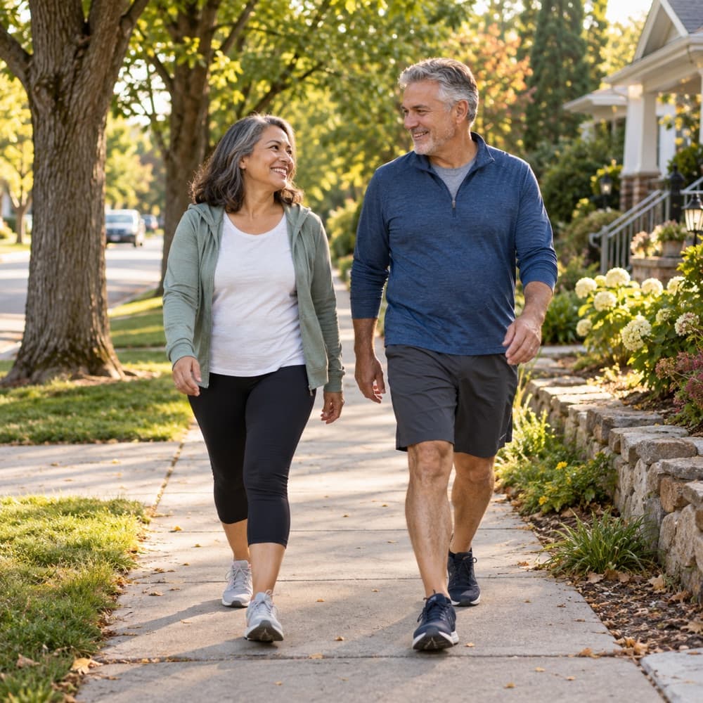 A woman and a man smiling as they walk together along a tree-lined sidewalk.
