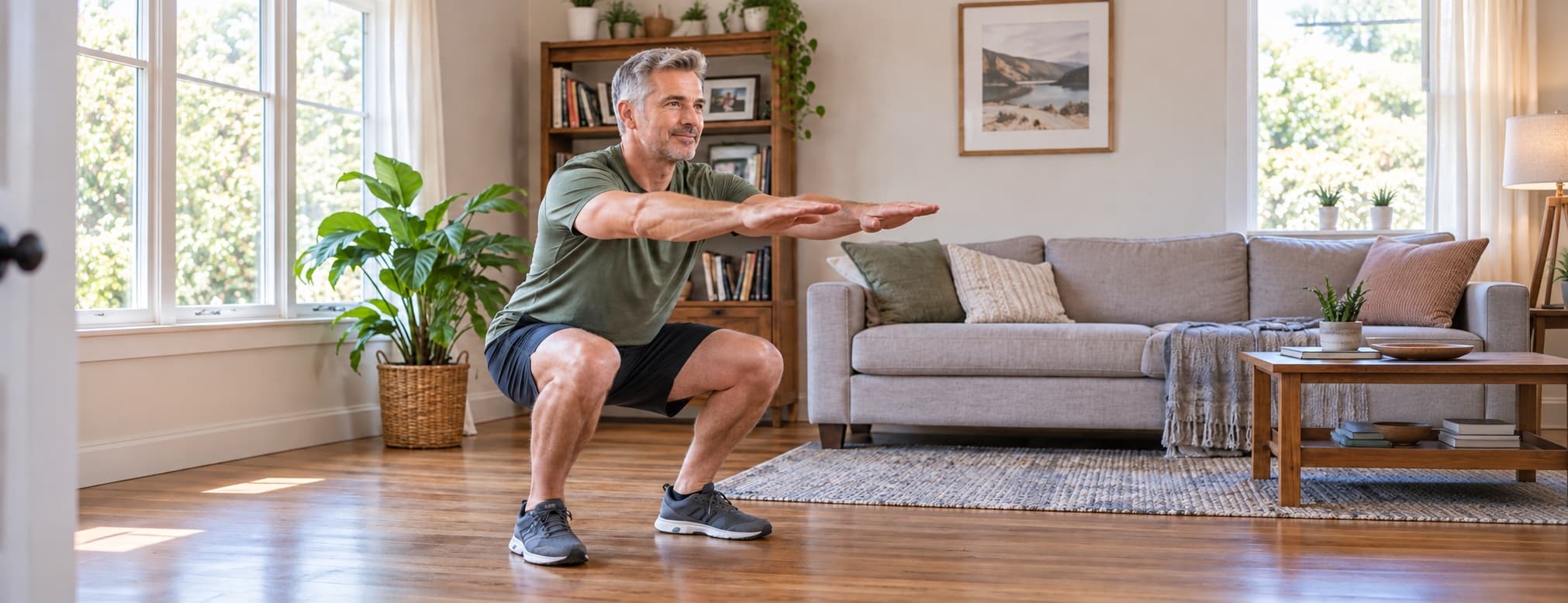 Adult demonstrating a bodyweight squat exercise
